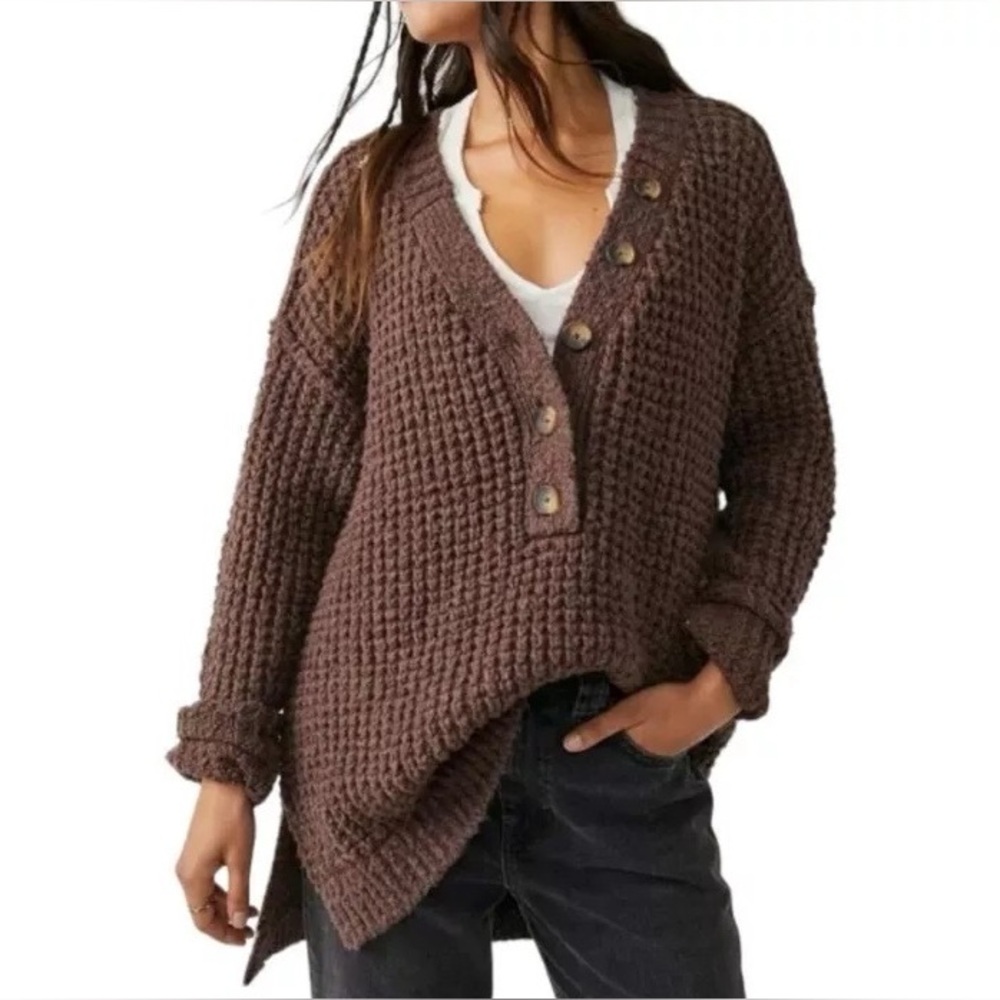 Free People Whistle Thermal Henley Oversized Chunky Knit Sweater